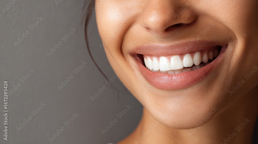 Obraz premium close up face of young woman with beautiful smile isolated on grey wall with copy space successful multiethnic girl latin woman looking at camera against gray wall with a big whitening teeth smile no