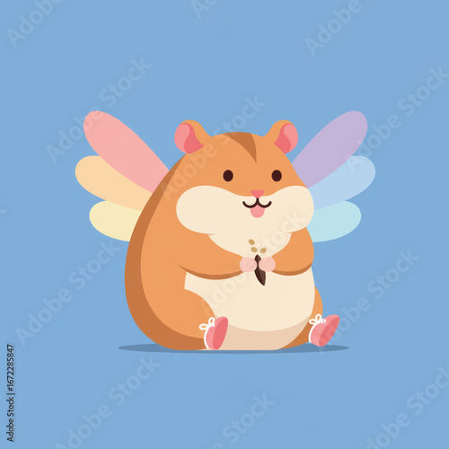 Adorable chubby hamster fairy with pastel rainbow wings sitting and holding a seed.
