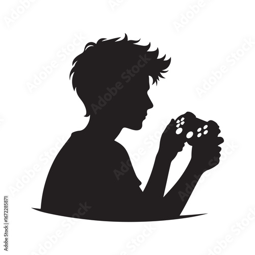 Teenager gaming with controller vector silhouette line art logo design concept illustration