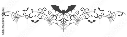 halloween border, line ghost, cob webs and silhouette bat, spider autumn decoration, Divider frame.