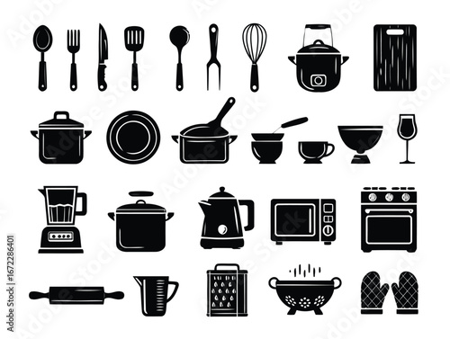 Vector art of assortment of kitchen utensils and appliances