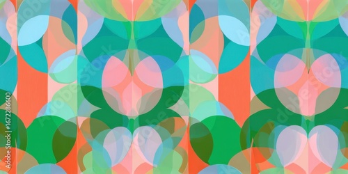 Seamless pattern of overlapping abstract shapes and circles in vibrant coral green blue and pink hues