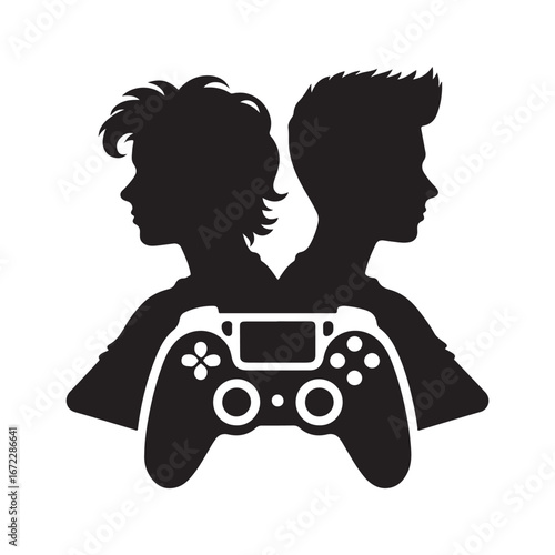 Teenager gaming with controller vector silhouette line art logo design concept illustration