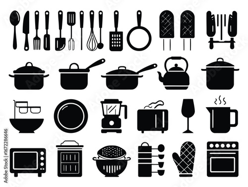 Vector art of collection of kitchen utensils and appliances