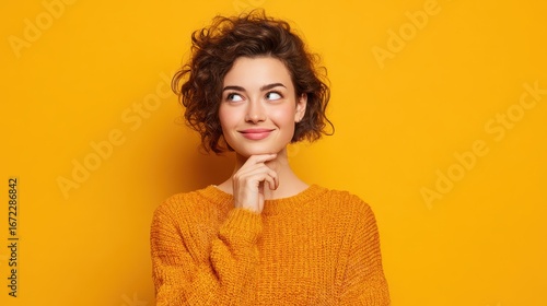 beautiful glad woman smiles tenderly looks away with happy expression thinks about pleasant things wears casual soft jumper isolated over yellow background blank copy space for your promotion no logo