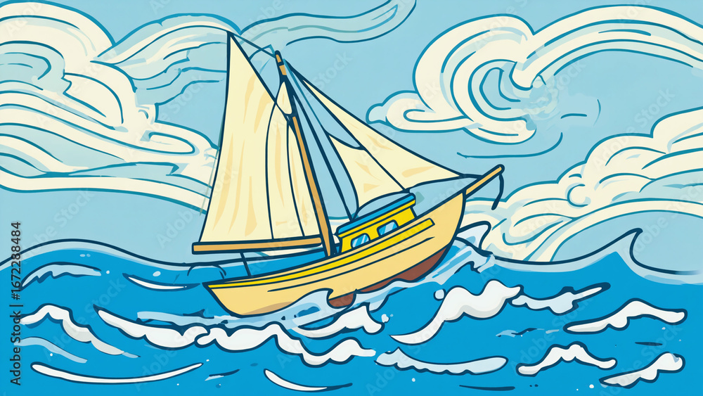 Fototapeta premium Cartoon Sailboat on Sea Waves Nautical Adventure Illustration