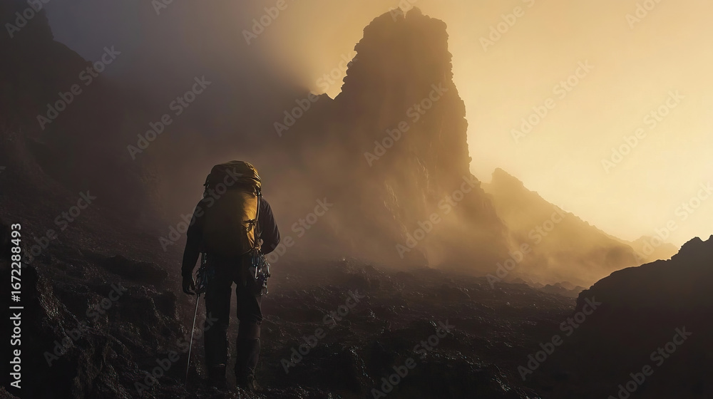 Obraz premium Climber approaching Lava Tower in misty early morning light