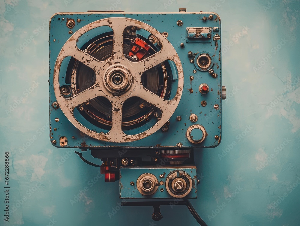 Fototapeta premium Top-down view of a vintage, dusty, mechanical reel-to-reel machine