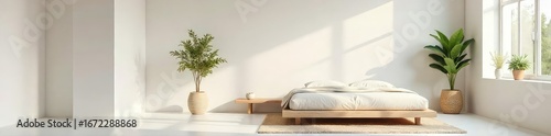 A serene minimalist bedroom featuring a simple bed, a single plant, and a neutral color palette Clean lines and uncluttered surfaces create a peaceful atmosphere , simple design, modern, quiet
