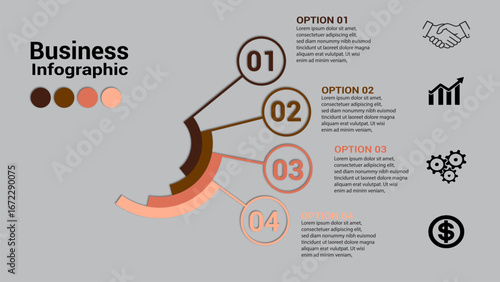 Business infographic features four sequential circular options, each with an icon and explanatory text. The brown-orange gradient color scheme gives it a modern and professional look.