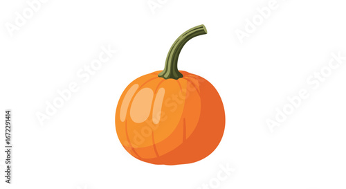 A single round bright orange pumpkin with a green stem stands alone on a white background