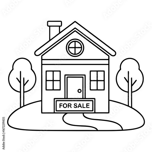 Dream Home for Sale: A charming outline of a house with a For Sale sign in a picturesque landscape, inviting viewers to envision their future.