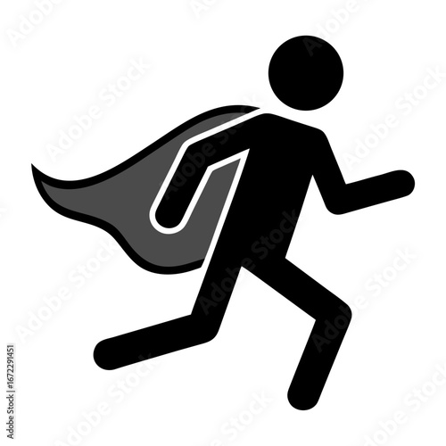 Superhero's Swift Flight: A dynamic stick figure, adorned with a heroic cape, strides confidently into action, epitomizing speed, strength, and the spirit of a true champion.
