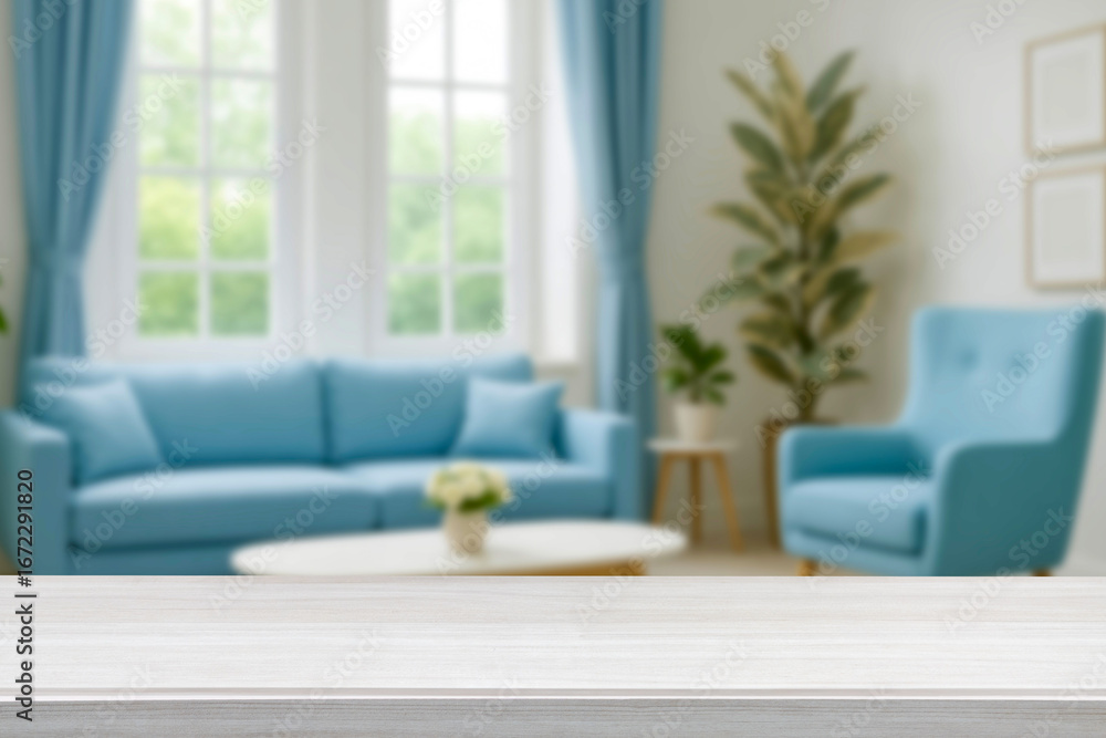 Fototapeta premium empty wooden table top blurred view of modern living room with sofa and soft bench. room interior with couch, armchair and coffee table or shelving units. stylish living room. comfortable workplace.