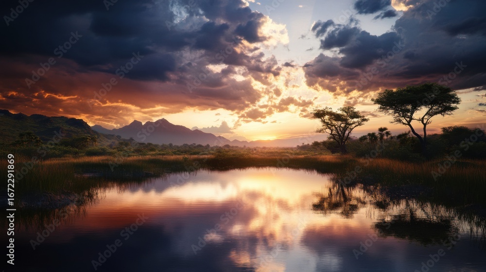 Fototapeta premium realistic african safary landscape at sunset 