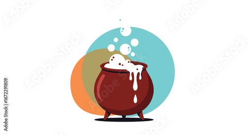 Witchcraft cauldron bubbling potion with abstract colorful circles and white background illustration