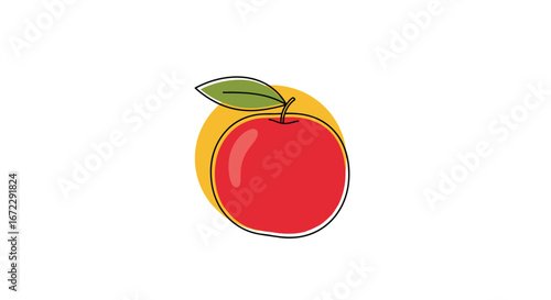 Simple red apple illustration with green leaf and yellow circle background minimalist style line art