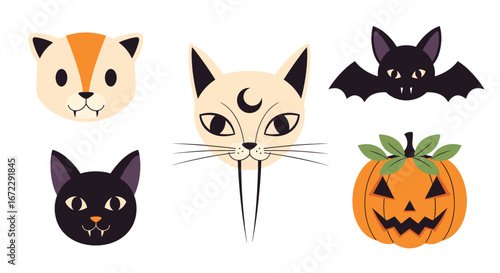 Halloween whimsical creatures and pumpkin carving design elements for festive celebrations