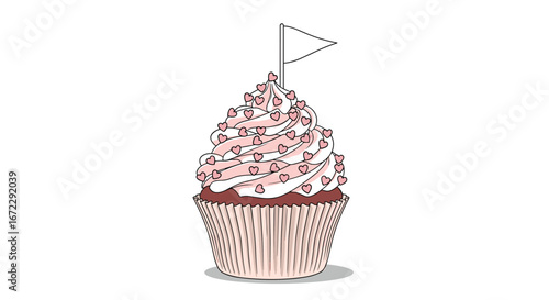 A delicious looking vanilla cupcake with pink frosting and sprinkles topped with a small flag