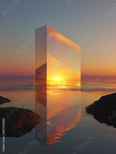 modern geometric structure emitting golden light on calm ocean at sunset