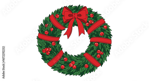 Festive holiday wreath decoration with red bow and berries adorning a doorway