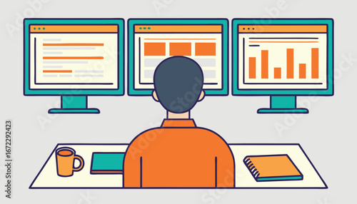 Person working at a desk with three computer monitors displaying charts and graphs illustrating data analysis and business growth