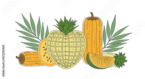 Decorative arrangement of heart shaped pineapple pumpkin citrus slices and tropical leaves