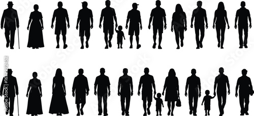 Black silhouette vector set of diverse people in casual and formal poses, comparison grid for fashion, character, and design use
