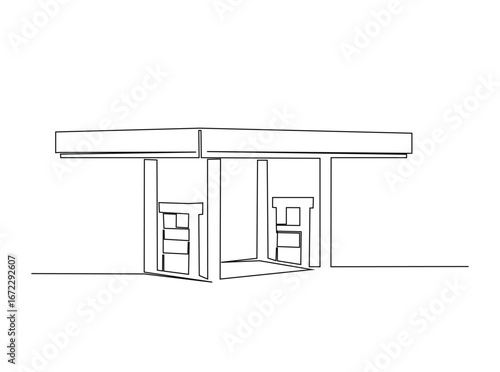 Gas Station outline illustration. Continuous line art drawing of gasoline station. Editable stroke.