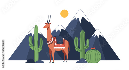 South american mountain landscape with guanaco and cacti under sunny skies