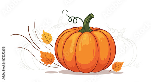 Vibrant orange pumpkin surrounded by falling autumn leaves and subtle outline of other pumpkins