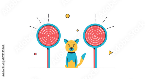 Cute cartoon dog sits between two bright targets with radiating lines and colorful geometric shapes float around the scene