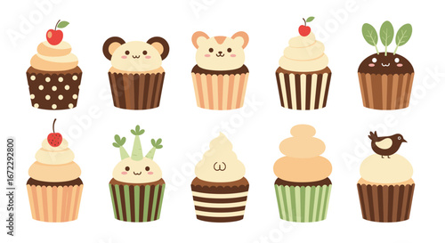 Collection of adorable whimsical cupcakes featuring cute animal and nature inspired decorations