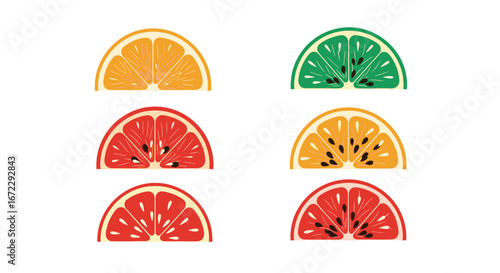 Assortment of sliced citrus fruits and exotic kiwifruit halves for healthy refreshing beverages and desserts