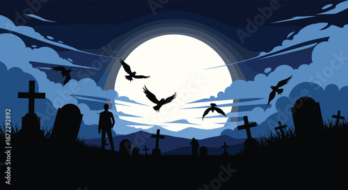 A solitary figure stands in a spooky graveyard under a large full moon as black birds fly overhead during the night
