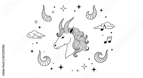 Mystical zodiac ram illustration with stars clouds and musical notes fantasy art