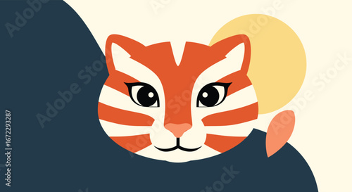 A cute cartoon orange white striped cat face with big eyes looking forward in a playful manner