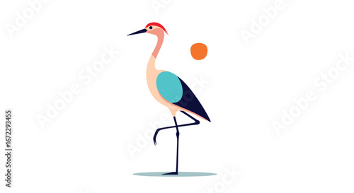 Elegant heron standing on one leg under a warm orange sun on a white background
