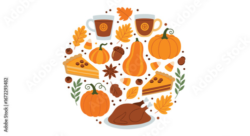 Happy thanksgiving gathering featuring delicious seasonal food and autumn decorations celebrating family and togetherness