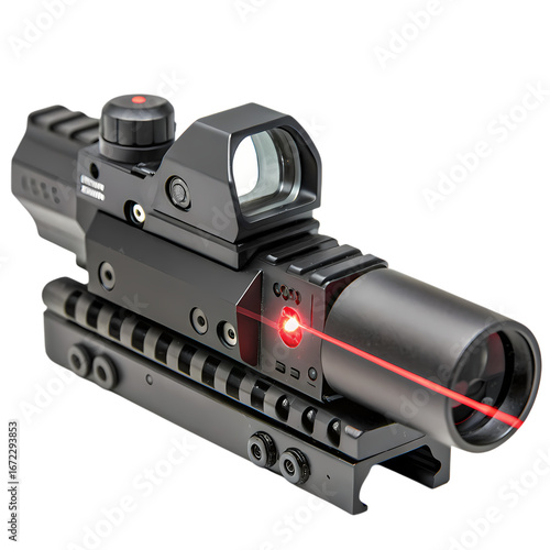 Red Dot Sight Tactical Rifle Scope with Laser Aiming System  CloseUp View of Weapon Accessory for Enhanced Accuracy and Precision Shooting on transparent background