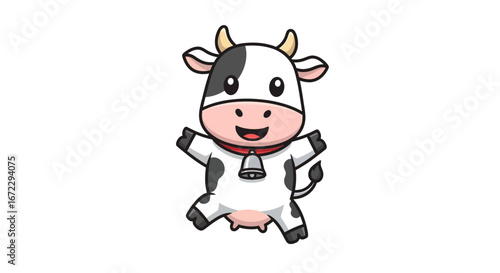 Adorable cartoon dairy cow character with a cheerful smile and classic bell, standing playfully, perfect for children's designs and farm-themed projects