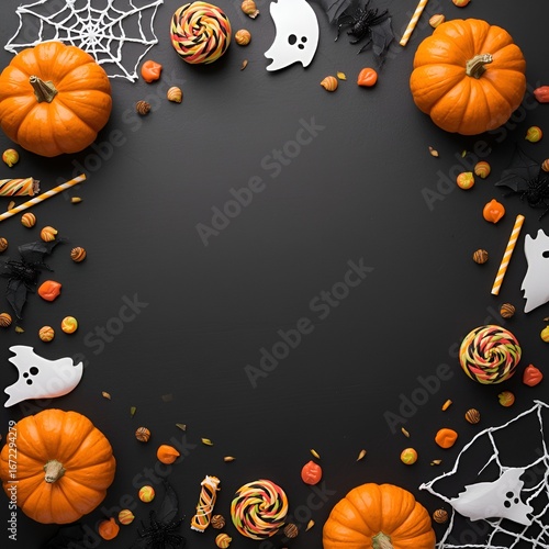 Happy Halloween flat lay card with pumpkins bats ghosts candy spiders festive decorations