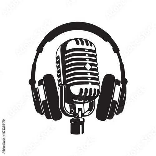 Bold Vintage Microphone with Headphones Silhouette Icon – Podcast and Audio Symbol