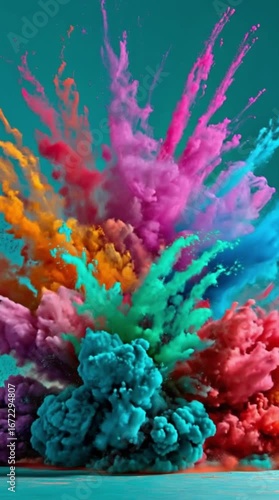 rainbow powder explosion on turquoise background