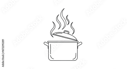 Steaming cooking pot with lid ajar in a simple black and white line drawing
