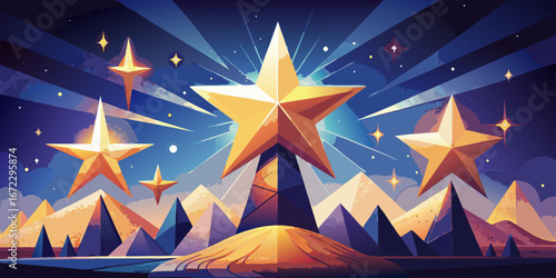 Colorful golden stars decorate a bright Christmas tree illustration
