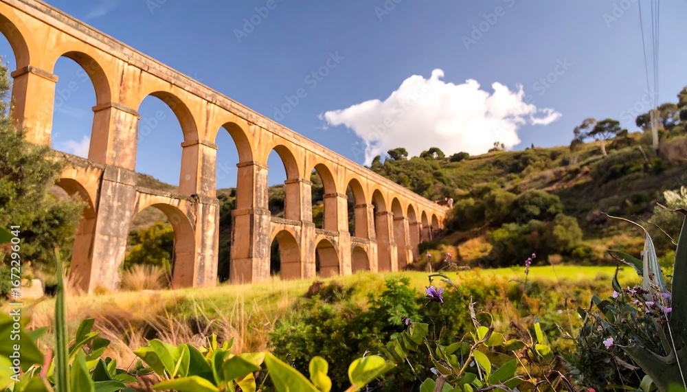 Fototapeta premium A long stone arch bridge stretches across a hillside, bathed in sunlight, with lush greenery surrounding its base.