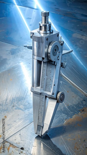 A precision measuring tool, likely a caliper, rests on a metal surface, showcasing its intricate details and industrial design.
