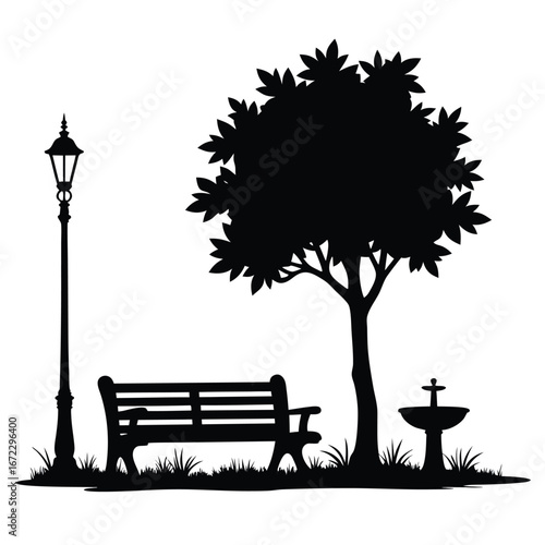 Black silhouette of park bench under tree with lamppost and fountain 1