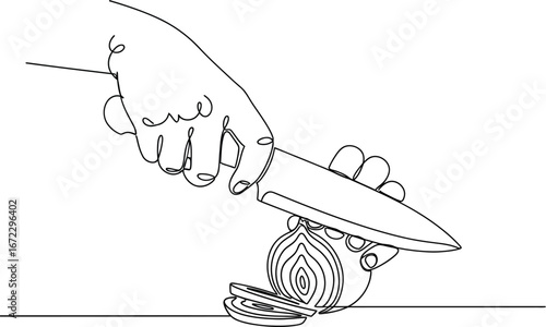 Onion slicing knife hand cooking food vegetable preparation chef kitchen